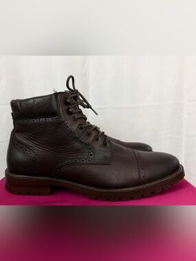 Johnston& Murphy Men Stratford Mahogany Brown Leather Cap-Toe Lace-Up Boots 10M